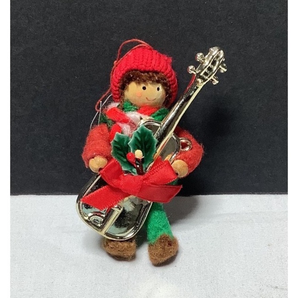 Vintage Kurt S. Adler Felt and Bead Elf Holding a Guitar Christmas Ornament 3"